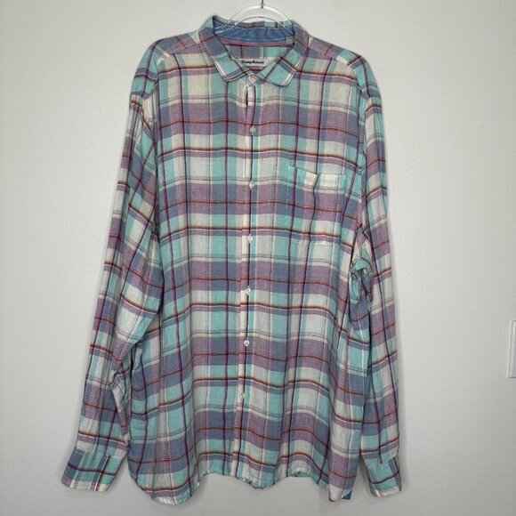 Tommy Bahama Linen Long Sleeve Button Down Shirt 2XL Blue Purple Plaid - Picture 1 of 12